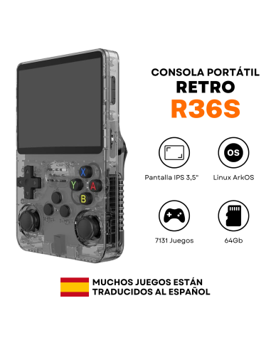 Consola Retro R36S - 7131 Juegos - Traducidos al Español - Negra - 64Gb