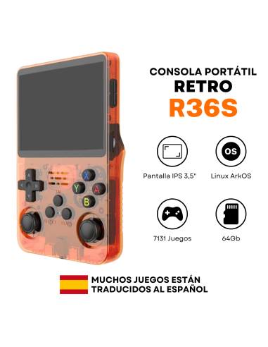 Consola Retro R36S - 7131 Juegos - Traducidos al Español - Naranja - 64Gb