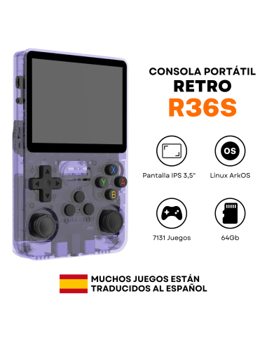 Consola Retro R36S - 7131 Juegos - Traducidos al Español - Morada - 64Gb