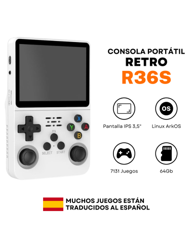 Consola Retro R36S - 7131 Juegos - Traducidos al Español - Blanca - 64Gb